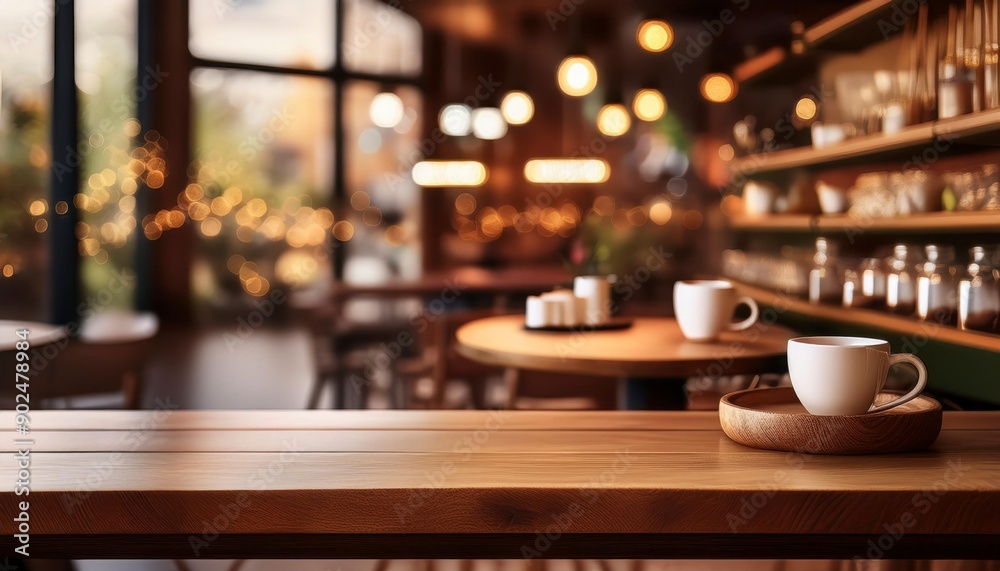 Empty wooden table surface with blurred background in coffee shop. product display. Generated image Empty wooden table surface with blurred background in coffee shop. product display. Generated image