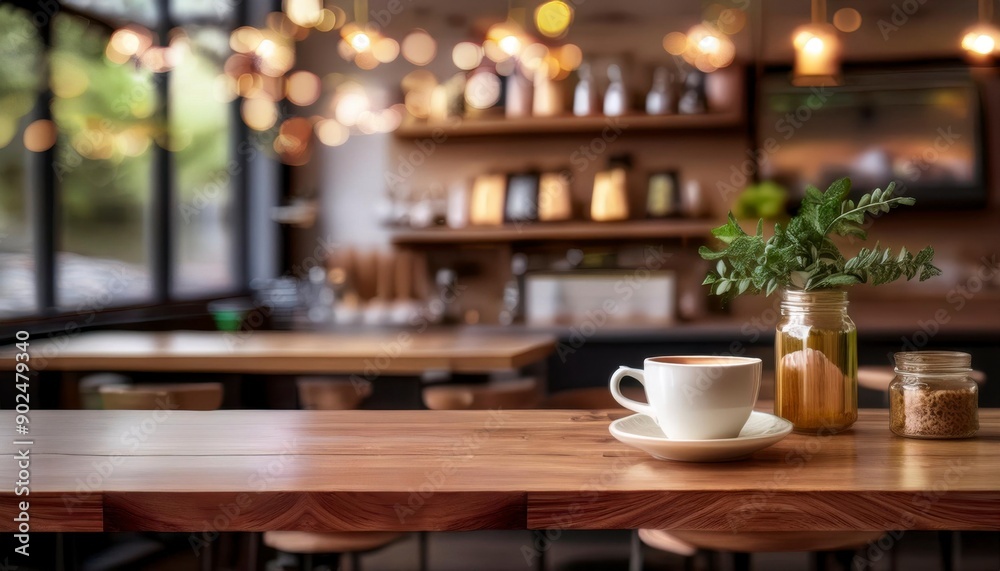 Empty wooden table surface with blurred background in coffee shop. product display. Generated image Empty wooden table surface with blurred background in coffee shop. product display. Generated image