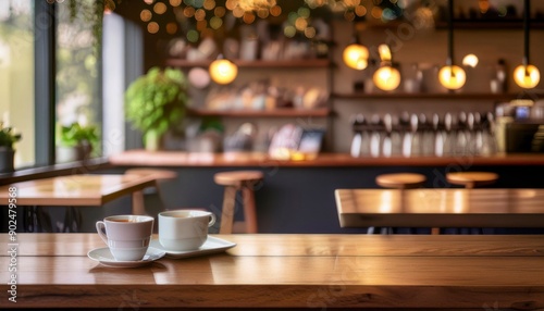 Empty wooden table surface with blurred background in coffee shop. product display. Generated image