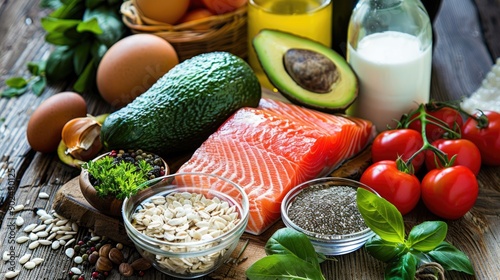 Selection of healthy food on rustic wooden background