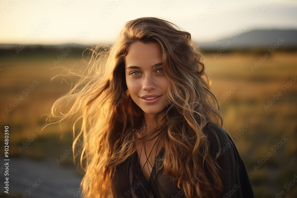 Fototapeta premium Portrait of calm happy smiling free woman with closed eyes