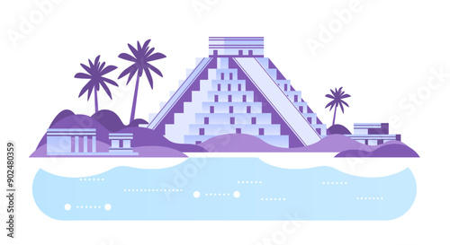 Ancient pyramid with palm trees and ruins by the sea in a minimalist style