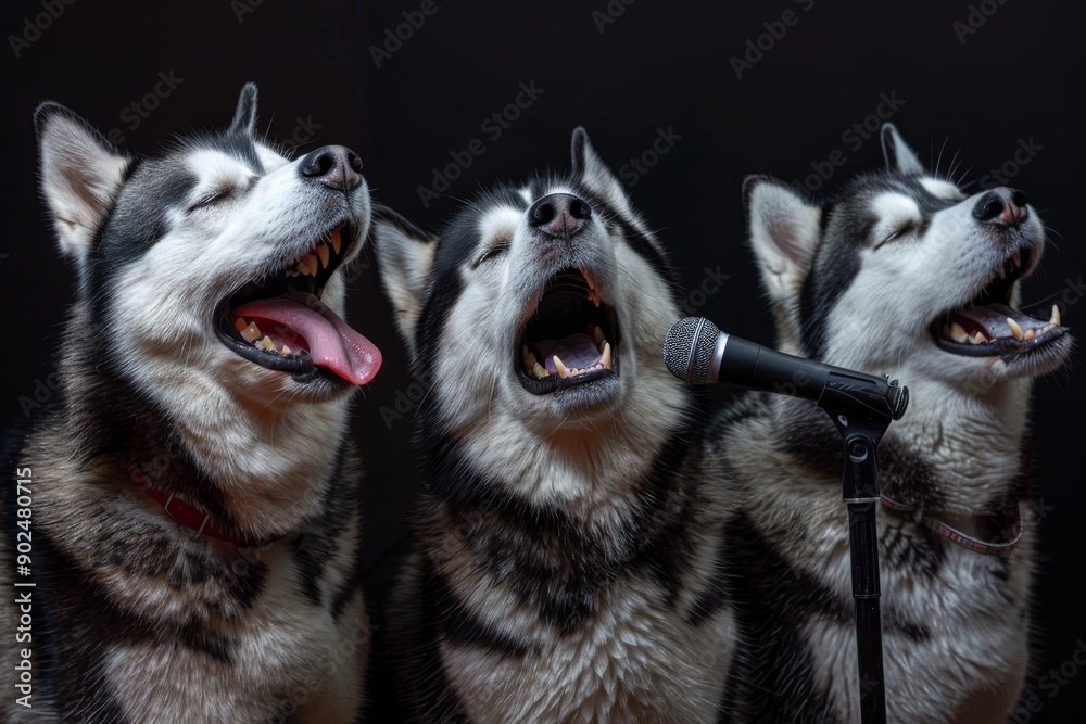 Obraz premium Singing Dogs, Disco of 80s, Concert of 90s, Karaoke with Huskies with microphones, Funny Dog Disco