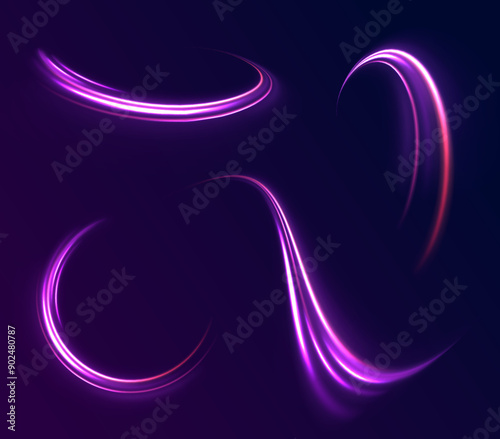 Laser beams luminous abstract sparkling isolated on a transparent background. Acceleration speed motion on night road. Light and stripes moving fast over dark background. 