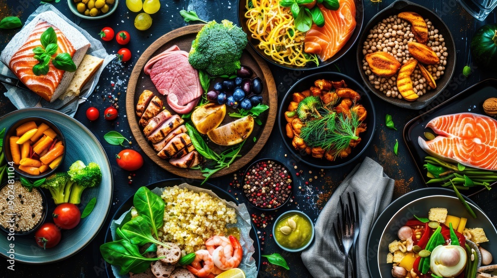 Assortment of healthy food dishes. Top view. Free space for your text. Assortment of healthy food dishes. Top view. Free space for your text.