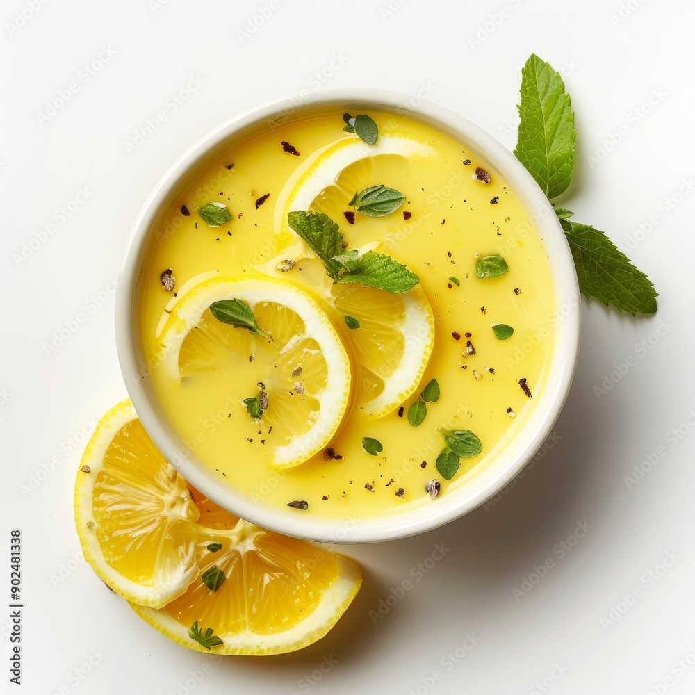 Bowl with lemon sauce isolated, yellow dip, lemon salad dressing on white background, top view Bowl with lemon sauce isolated, yellow dip, lemon salad dressing on white background, top view