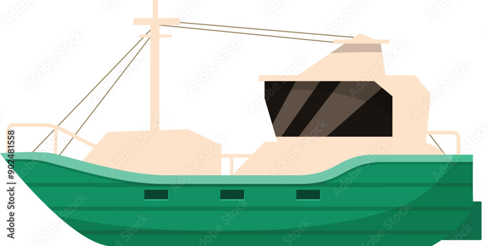Green and beige fishing boat sailing on white background, commercial ship used for fishery industry, marine traveling and transportation Green and beige fishing boat sailing on white background, commercial ship used for fishery industry, marine traveling and transportation