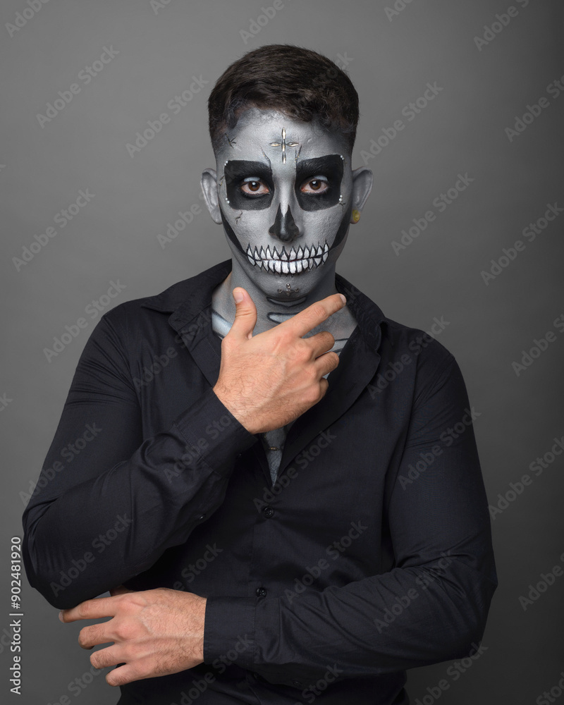 Man with catrin makeup. Studio portrait. Day of the Dead Celebration. Man with catrin makeup. Studio portrait. Day of the Dead Celebration.