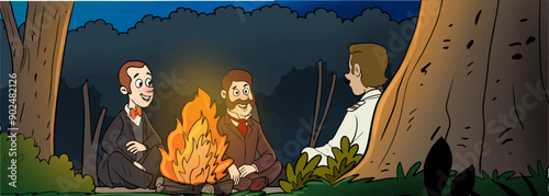 Men lighting campfire sitting in forest meadow surrounded by trees, bushes and flowers. Cartoon vector illustration related to tourism and outdoor recreation. Forest landscape with fireplace.