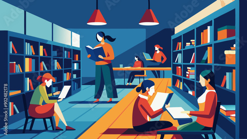 Professional Image of People in Library Reading Graphic Novel Book - Vector Illustration