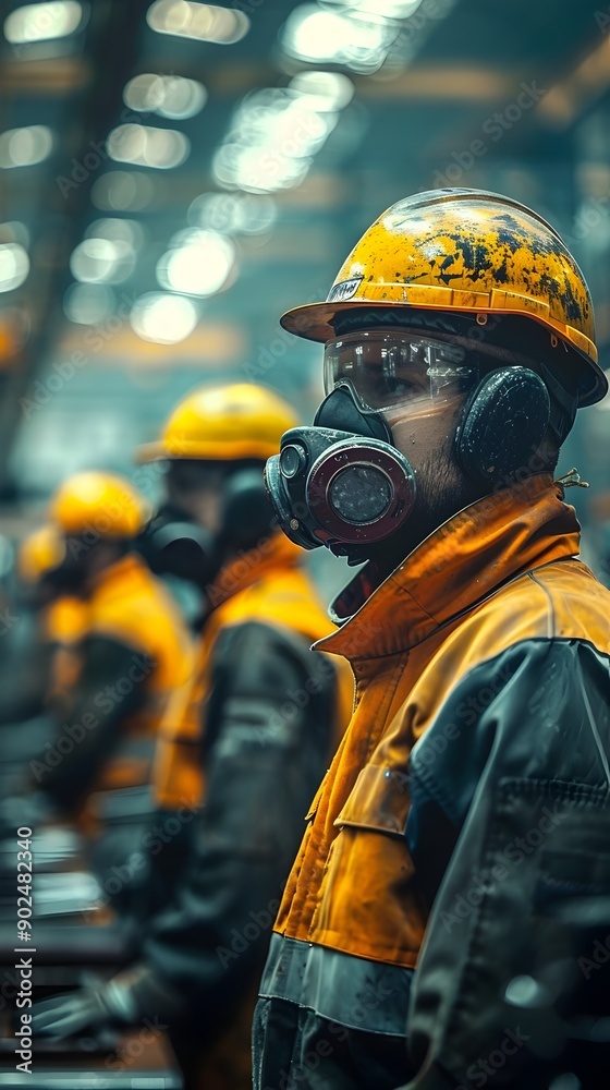 Factory Workers in Protective Gear Operating Heavy Machinery for Industrial Safety Concept Factory Workers in Protective Gear Operating Heavy Machinery for Industrial Safety Concept
