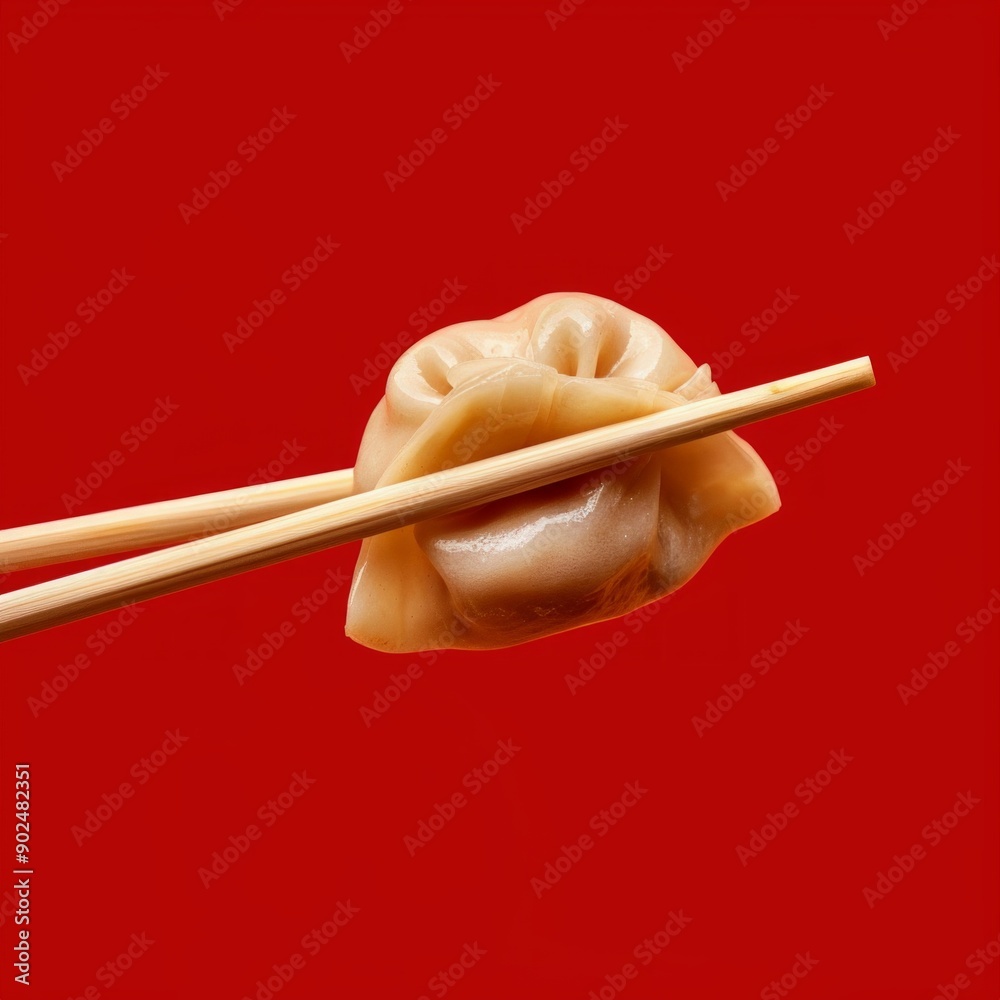 Close-up of a dumpling held by chopsticks on a red background. The minimalistic style highlights the food's texture. Ideal for culinary content and food photography. AI