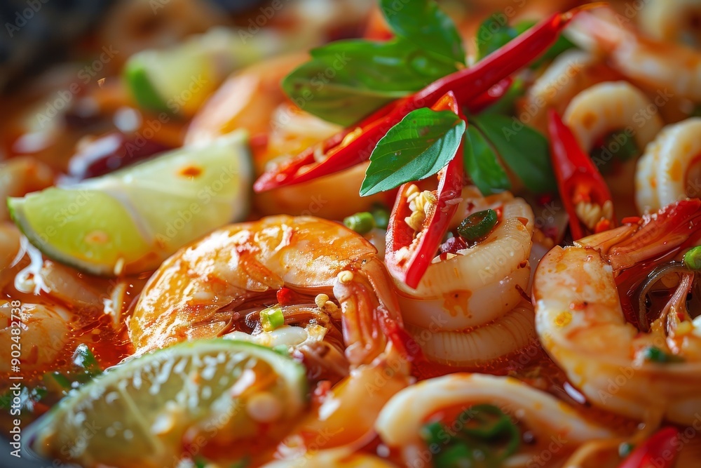 Tom Yum, Traditional Red Sour Thai Soup, Hot Chili Tom Yam with Squid, Shrimps, Red Peppers