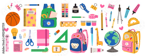 Big cartoon set of school supplies isolated on a white background