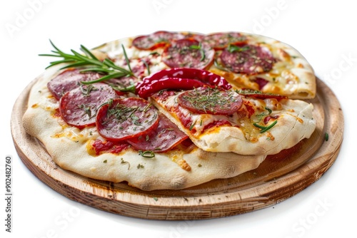 Pepperoni Pizza, Traditional Italian Diabolo Pizza Flatbread on Wood Plate with Salami, Chili Pepper photo