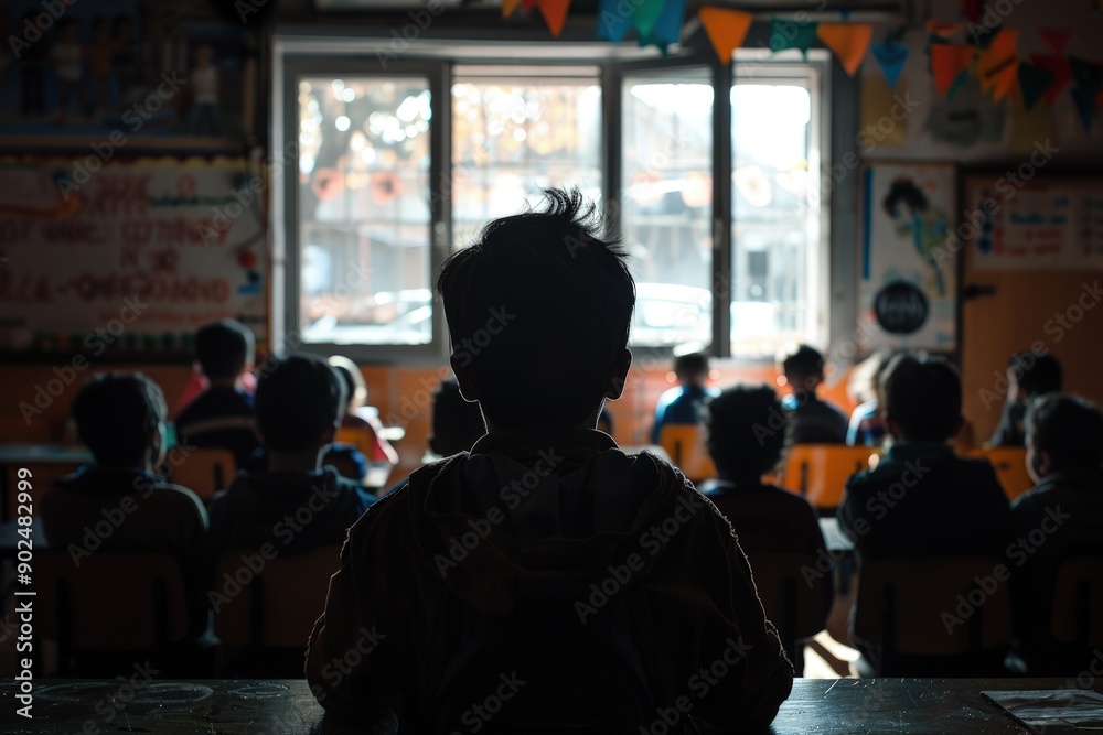 Fototapeta premium A boy is sitting in a classroom with other students. The boy is wearing a hoodie and is looking out the window. The classroom is empty, and the boy is the only one in the room