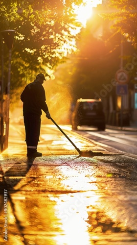 A man is sweeping the sidewalk in front of a building. The sun is shining brightly, casting a warm glow on the scene