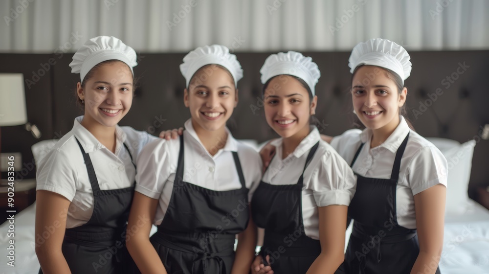 Portrait of smiling maids team in uniform standing together on bedroom at hotel. Portrait of smiling maids team in uniform standing together on bedroom at hotel.