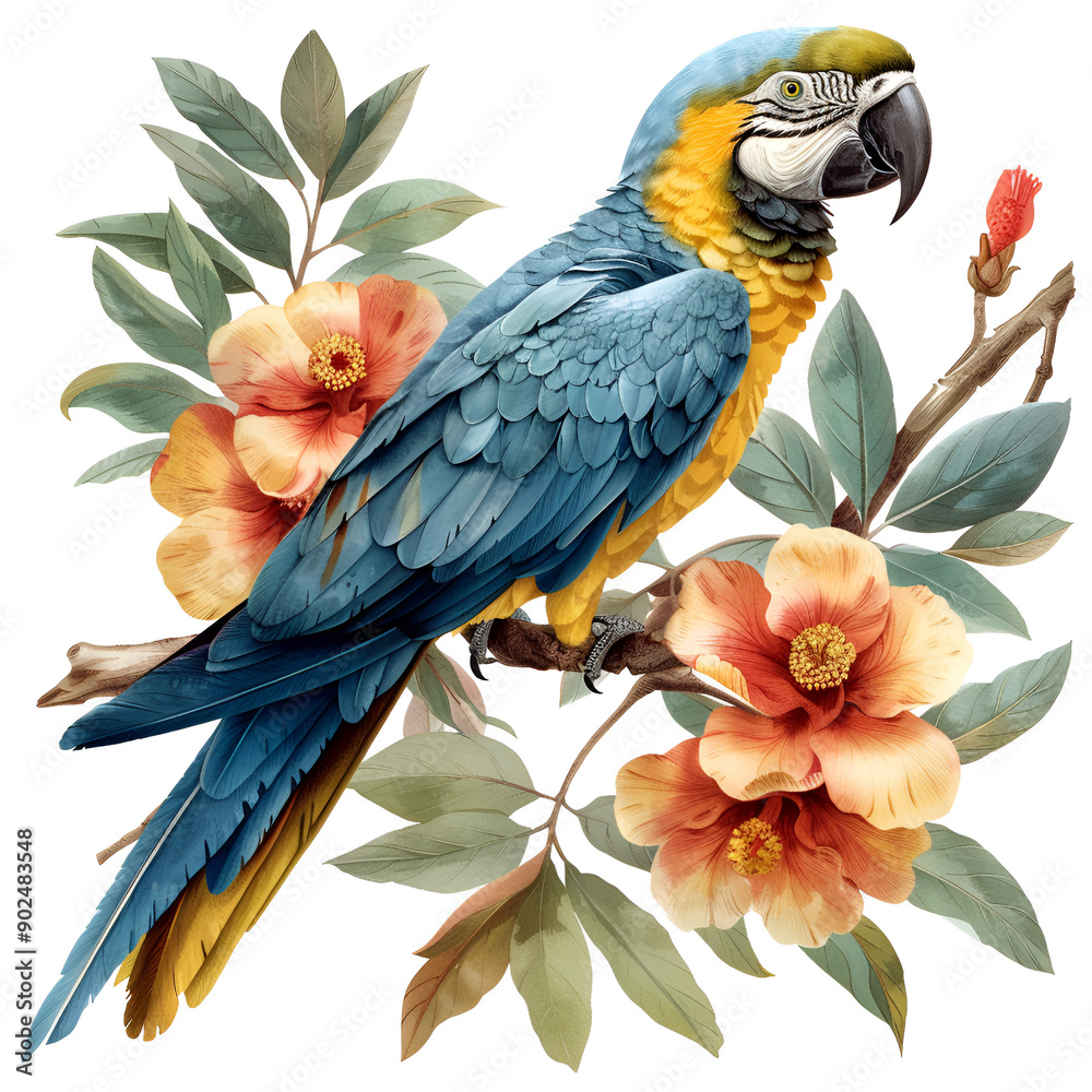 Fototapeta premium parrot bird old botanical style with white isolated background