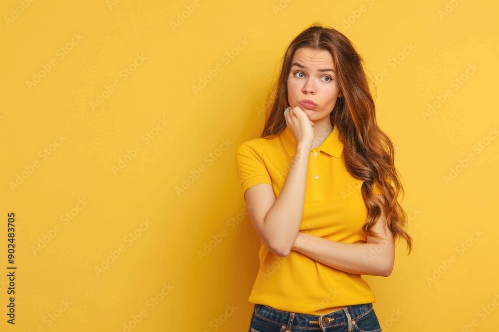 Portrait of a woman contemplating, wearing a bright yellow shirt Portrait of a woman contemplating, wearing a bright yellow shirt