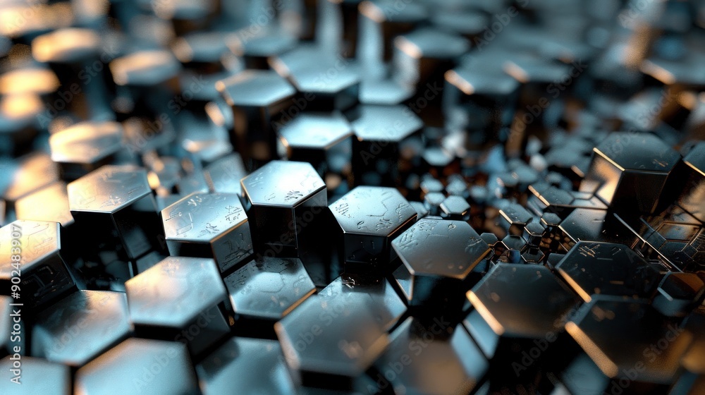 Fototapeta premium Close-up of a Cluster of Shiny Metallic Hexagons