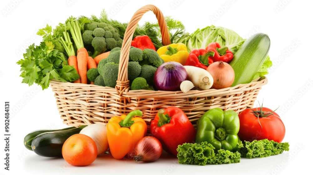 raw vegetables in wicker basket isolated on white raw vegetables in wicker basket isolated on white