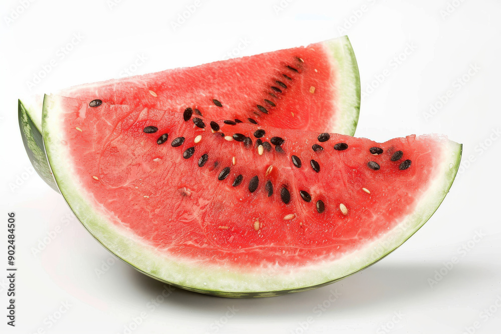A juicy slice of watermelon with vivid red flesh and black seeds on a white background A juicy slice of watermelon with vivid red flesh and black seeds on a white background