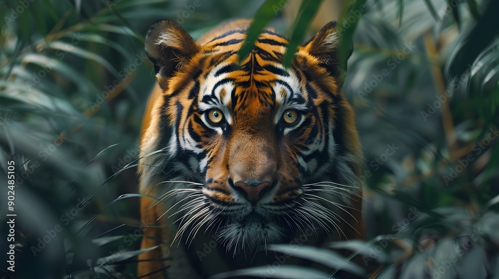 Majestic Tiger Prowling Through Dense Jungle Piercing Eyes and Powerful Build Apex Predator in Natural Habitat Majestic Tiger Prowling Through Dense Jungle Piercing Eyes and Powerful Build Apex Predator in Natural Habitat