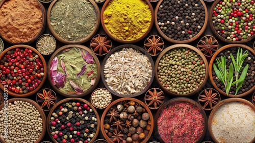 Different seasonings in cups. Spice background on the table