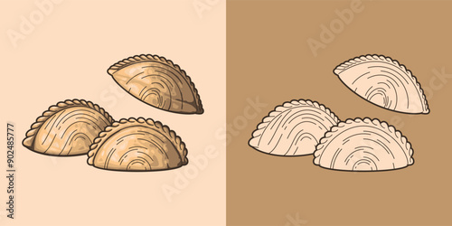 Delicious Curry Puff "Karipap", Empanadas. South East Asia popular traditional snack, dessert, food, kuih, kue. Vector illustrator design, food logo icon clipart.