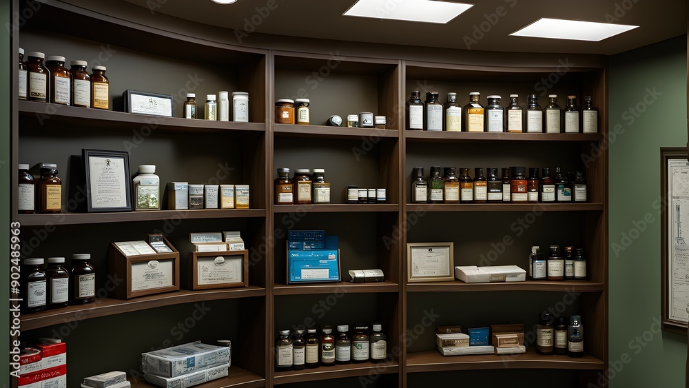 A medicine cabinet with many bottles and jars of various sizes and colors A medicine cabinet with many bottles and jars of various sizes and colors