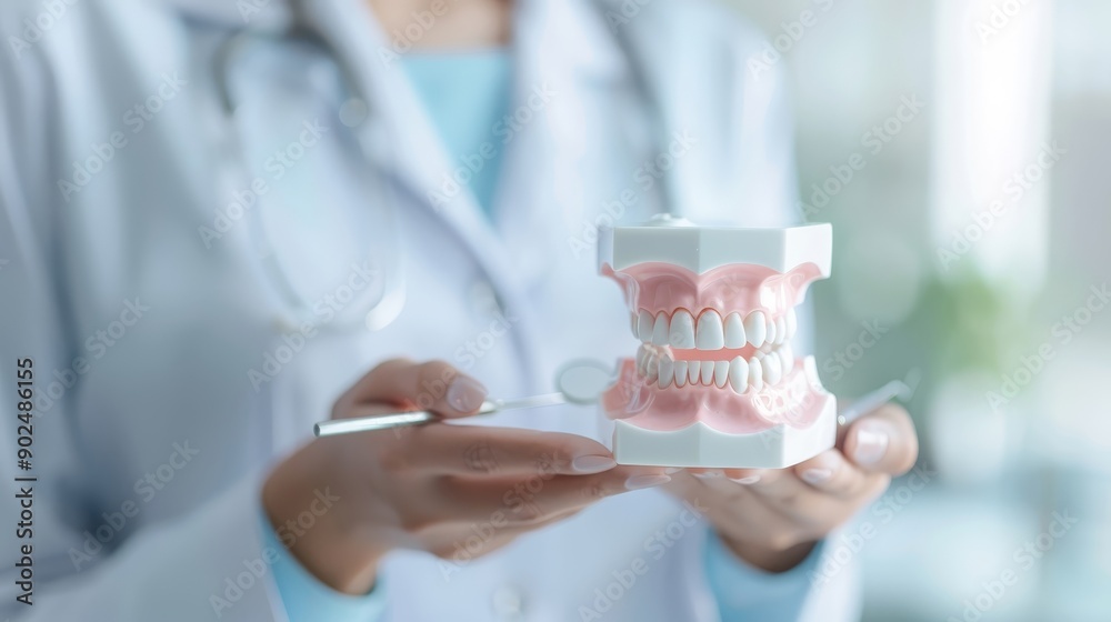 Dentist explaining a treatment plan to a patient using a dental model, highlighting education and communication. Dentist explaining a treatment plan to a patient using a dental model, highlighting education and communication.