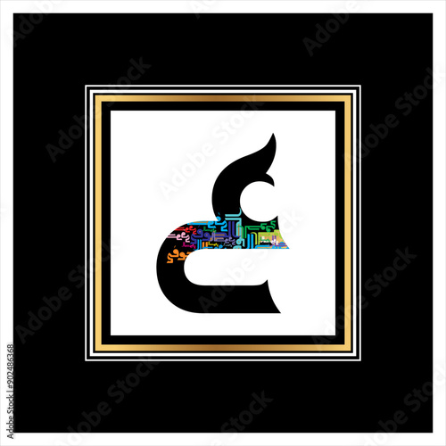 Arabic Calligraphy Alphabet letters or font in Arabic Kufi, Thuluth, Riqqa style, Stylized Multicolor Islamic calligraphy elements on multi colors on black background, 