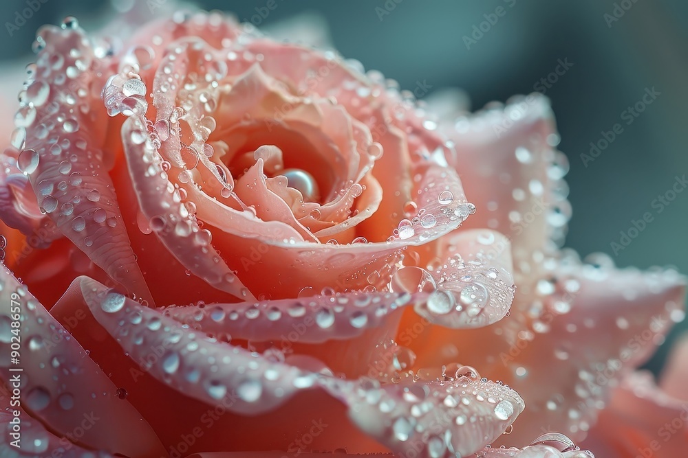A close-up of a dew-kissed rose with a hidden pearl.