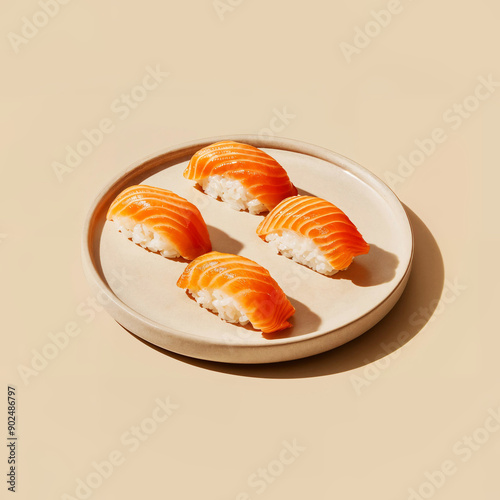 Sushi with salmon and cream cheese on a plate on a white background
 photo