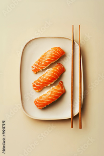 Sushi with salmon and cream cheese on a plate on a white background
 photo