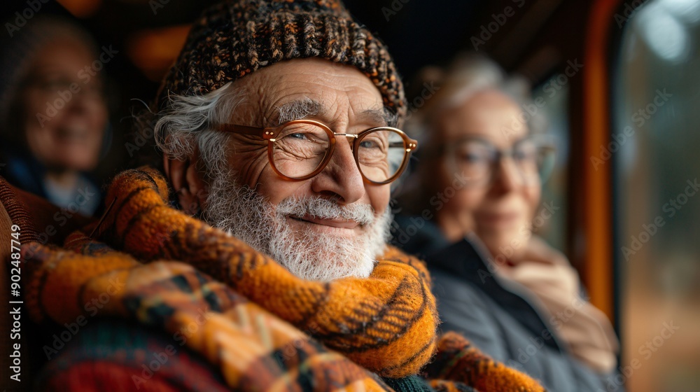 Smiling Elderly Man on Cozy Train Ride with Friends Smiling Elderly Man on Cozy Train Ride with Friends