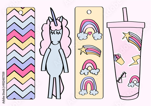 Bookmark collection with a unicorn, a drinking cup with a straw, and rainbows for middle and elementary school kids.