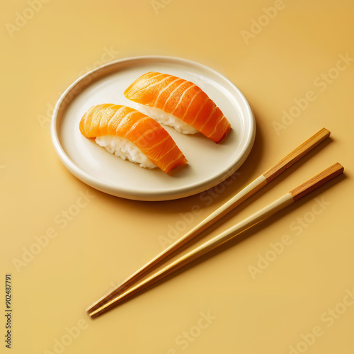 Sushi with salmon and cream cheese on a plate on a white background
 photo