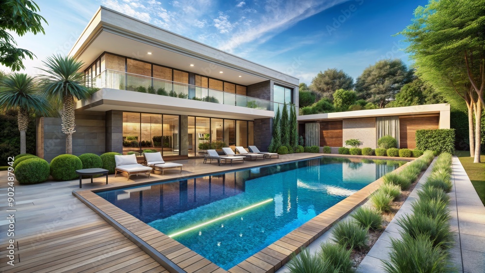 Fototapeta premium Modern Luxury House with Pool at Sunset, Front View, Outdoor Living