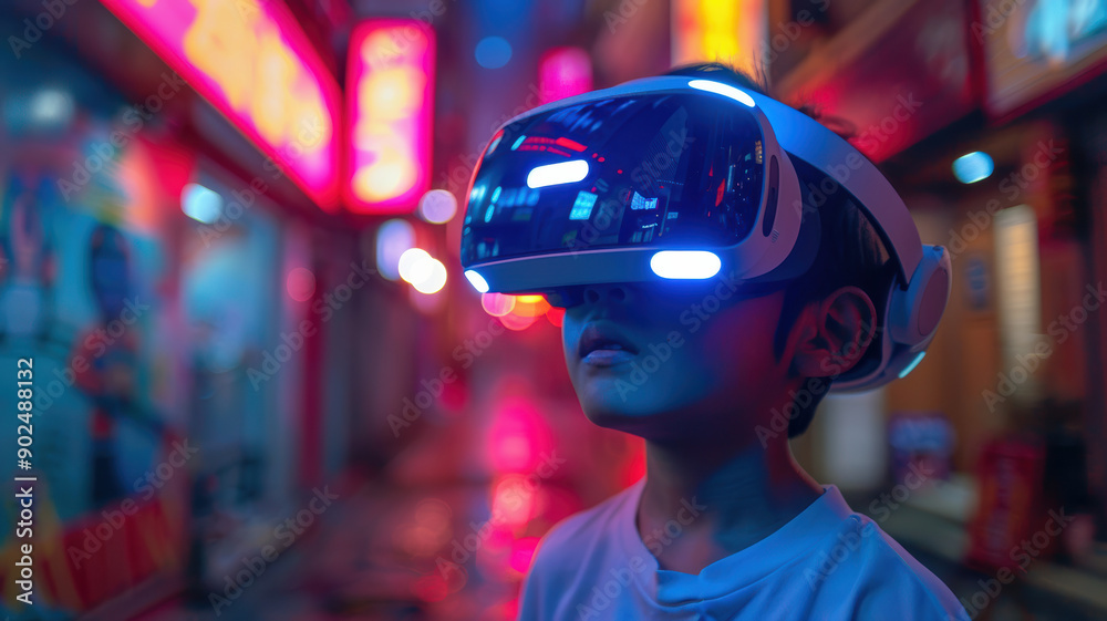 Kid in Virtual Reality World with Neon Lights Kid in Virtual Reality World with Neon Lights