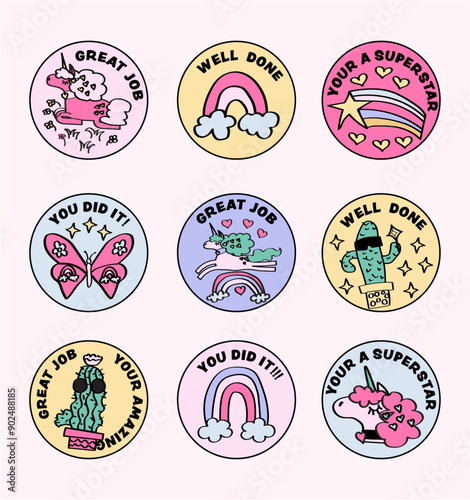 Well done, good job stickers for homework. encouragement badges set to celebrate the student's work.