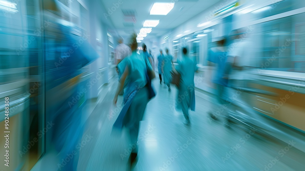 Long Exposure of Medical Staff in Blue Aprons Moving Down Hospital Corridor Long Exposure of Medical Staff in Blue Aprons Moving Down Hospital Corridor