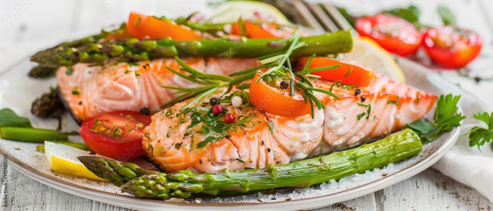 Baked salmon garnished with asparagus and tomatoes with herbs