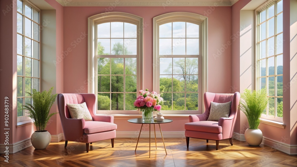 Fototapeta premium Pink Room Interior Design with Two Armchairs, Flowers, and Windows, interior design, room decor, pink aesthetic, home design