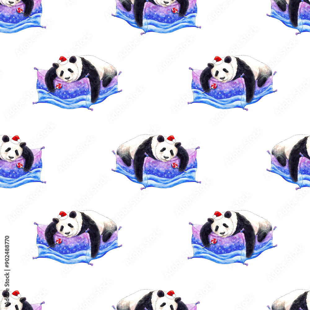 Obraz premium Christmas seamless pattern panda in red Santa's hat on a white background. Watercolor illustration panda bear with sugar lollipop for xmas decoration, packaging, textile, wrapping paper.