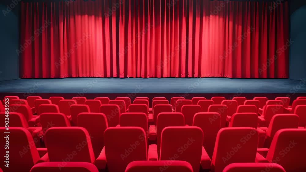 Empty theater with red seats and curtains on stage, awaiting audience for a performance or movie screening. Empty theater with red seats and curtains on stage, awaiting audience for a performance or movie screening.