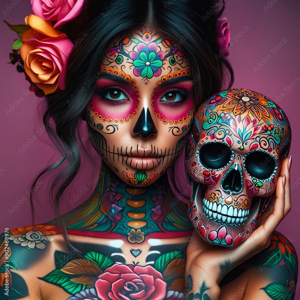 Day of the Dead. Dia de los Muertos. Woman with skeleton face makeup, holding a decorated skull. Life and death. Aztec. Christian. Cross. Celebrating life and memory of the dead. Generative AI Day of the Dead. Dia de los Muertos. Woman with skeleton face makeup, holding a decorated skull. Life and death. Aztec. Christian. Cross. Celebrating life and memory of the dead. Generative AI