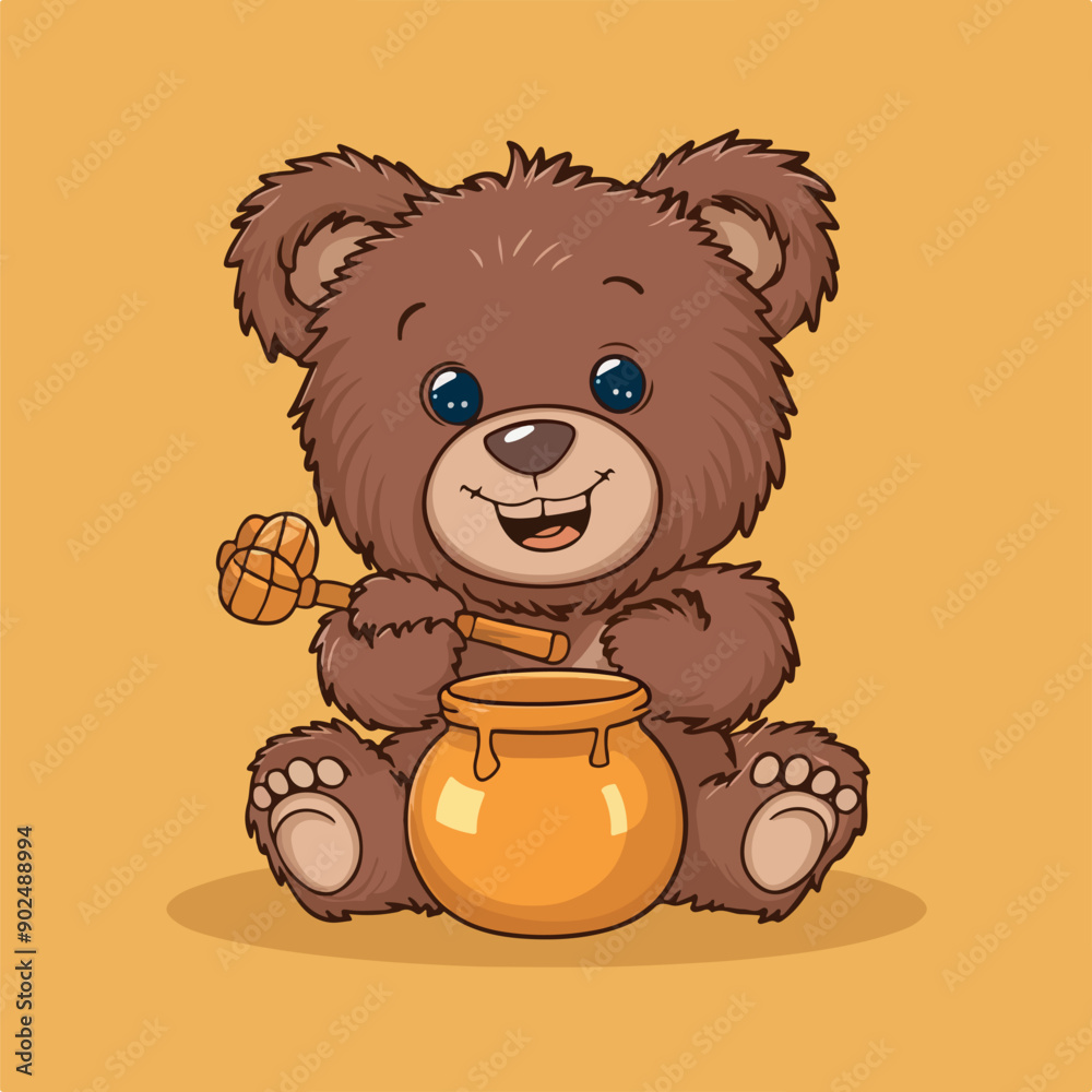 Fototapeta premium Cute cartoon teddy bear holding a pot hand drawn art Vector Icon Illustration