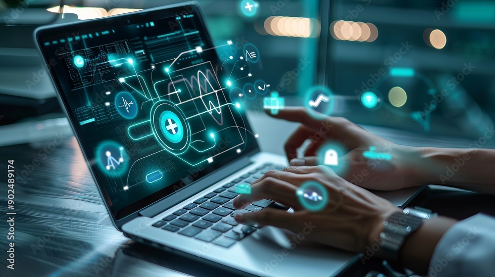 Medical and Healthcare Technology Interface Displayed on Laptop Screen, Concept of Modern Innovations in Health Tech